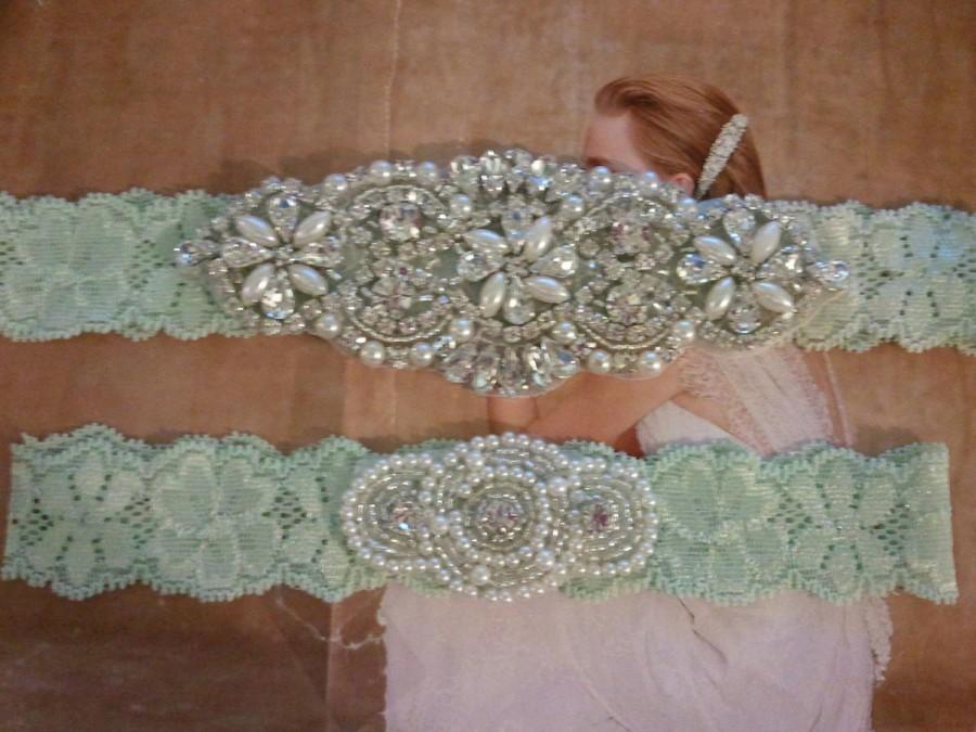 Hochzeit - SALE - Wedding Garter, Bridal Garter, Garter Set - Crystal Rhinestone & Pearls on a Light Mint Lace - Style G8005