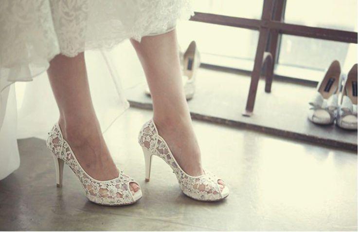 زفاف - Fashion Fish Toe Ivory Lace High Heels Wedding Bridal Shoes, S013