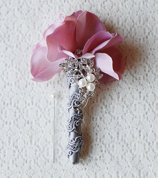 Hochzeit - Hydrangea Boutonniere Corsages - Pearl Rhinestone Crystal - Silver Blush Light Pink Grey - 25% off - BN004LX