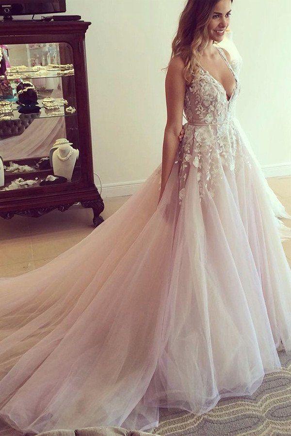 Wedding - Scoop V-neck Long Wedding Dress/Prom Dress With Appliques PG359