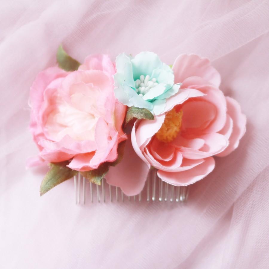 Wedding - Flower Hair Comb Bridal Headpiece - Rustic Wedding Headpiece Bridal Hair Comb - Wedding Hair Accessory - Pink Mint Flowers Floral Comb