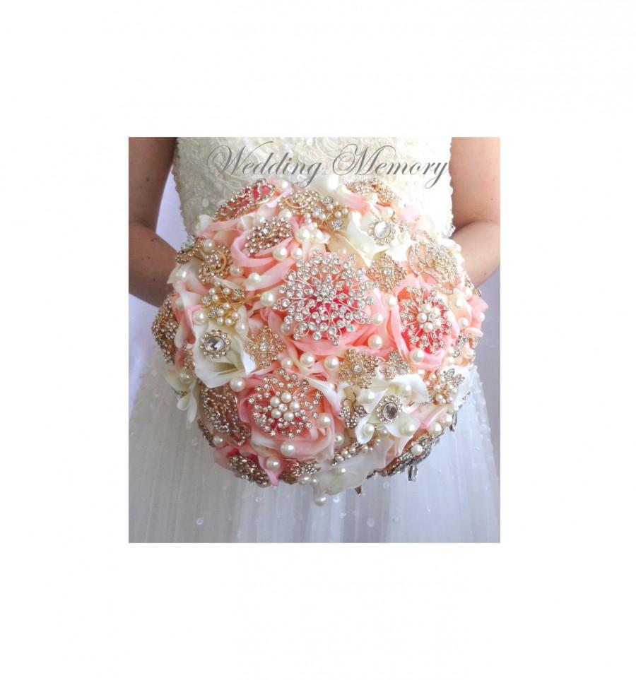 Hochzeit - BROOCH BOUQUET  Ready to ship 9" rose gold silk flowers champagne and blush pink, pearl wedding bridal bouqet