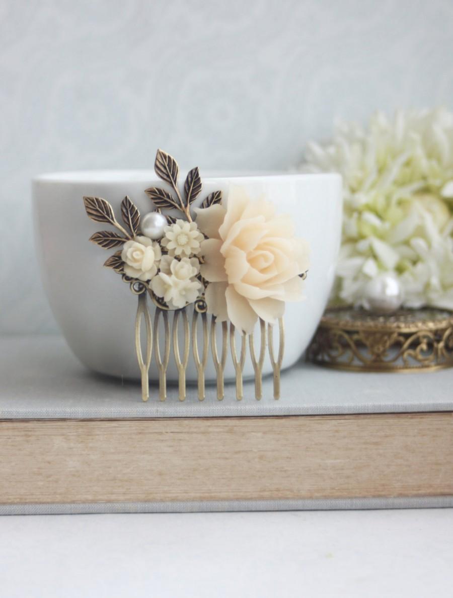 Свадьба - Ivory Flower Bridal Hair Comb Antique Gold Leaf Branch Shades of Ivory Wedding Hair Comb Bridal Hairpiece Vintage Wedding French Country