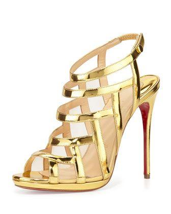 Hochzeit - Nicole Mesh-Inset Caged Red Sole Sandal, Gold