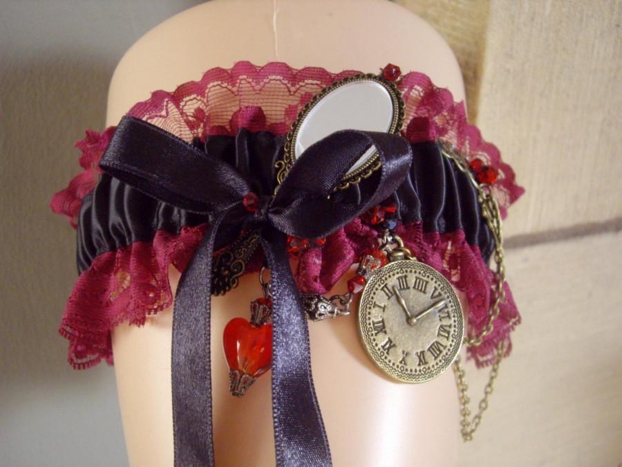 Hochzeit - Gothic Steampunk Burguny Lace And Black Ribbon Wedding Cosplay Garter Alice Looking Glass