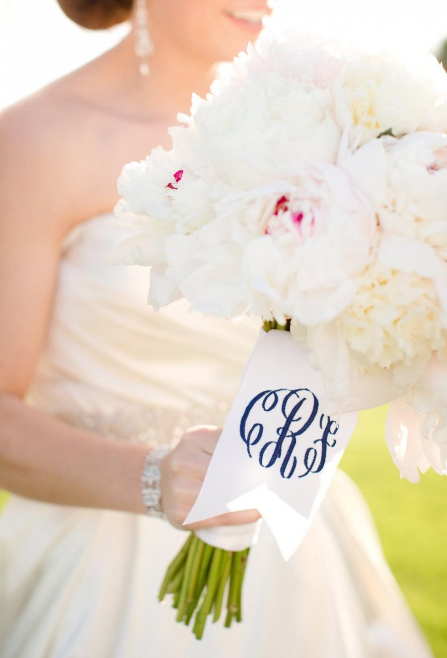 Hochzeit - custom monogrammed bouquet ribbon (3" wide grosgrain), bridal bouquet, bridesmaid bouquet