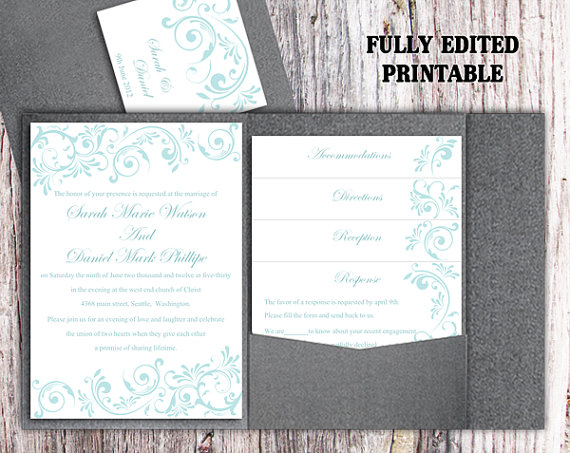 Hochzeit - Printable Pocket Wedding Invitation Suite Printable Invitation Elegant Invitation Blue Aqua Invitation Download Invitation Edited PDF file
