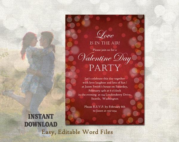 Wedding - Valentines Day Party Invitation - Printable Valentines Invitation Valentines Day Card - Bokeh Invitation Editable Template Download DIY Red