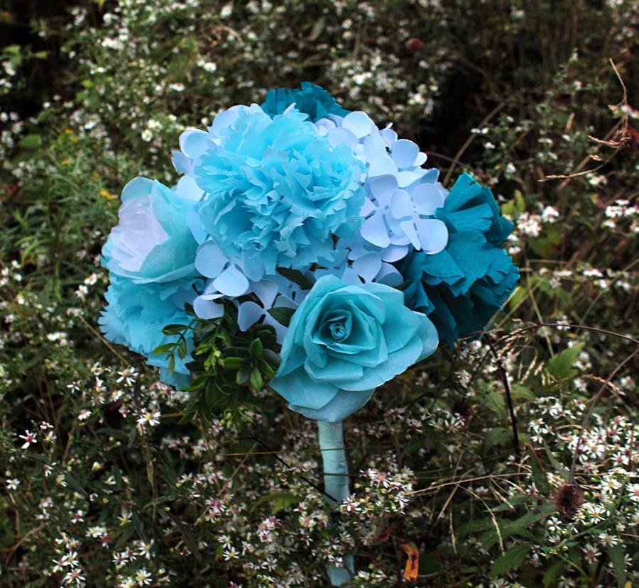 Hochzeit - Paper Flower Bouquet - Blue Flowers - Roses Hydrangeas and Carnations - Wedding Bouquet, Centerpiece, Handmade