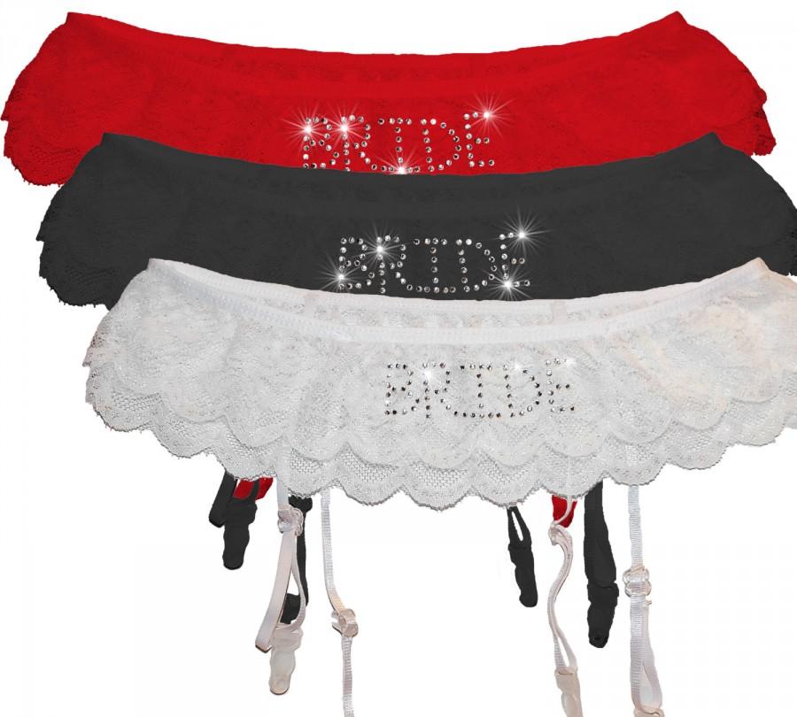 Wedding - Personalised Suspender Belt - Wedding Bridal Lingerie Underwear - Garter for Stockings - Rhinestone Diamante Red White Black Clips Hen Party