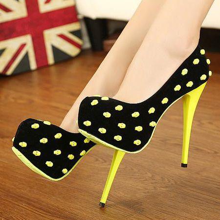 Mariage - Fashion Round Closed Toe Pokla Dots Stiletto High Heels Yellow Suede Pumps