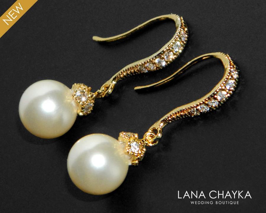 Wedding - Bridal Pearl Earrings Pearl Drop Vermeil Gold Cz Earrings Swarovski 8mm Ivory Pearl Gold Wedding Earrings Small Ivory Pearl Bridal Earrings