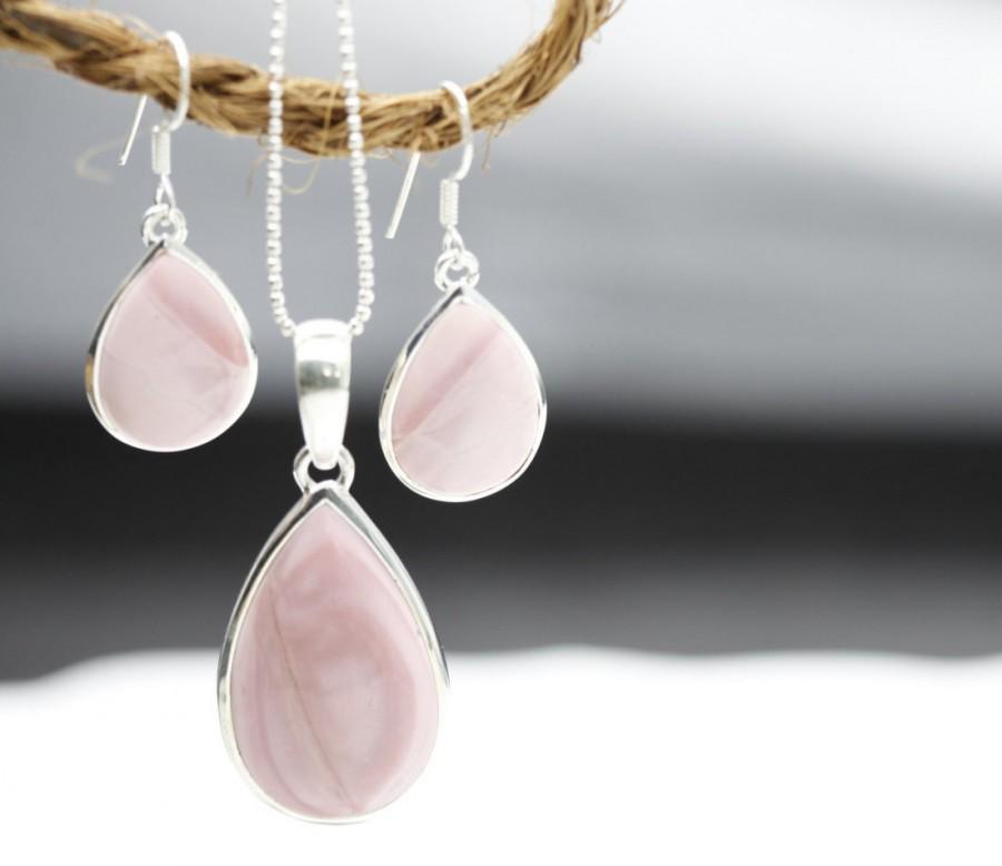 Wedding - Pink opal earrings, Dangling earrings, Silver earrings, Drop earrings, Bridesmaid set,Silver set, Jewelry set, valentine gift