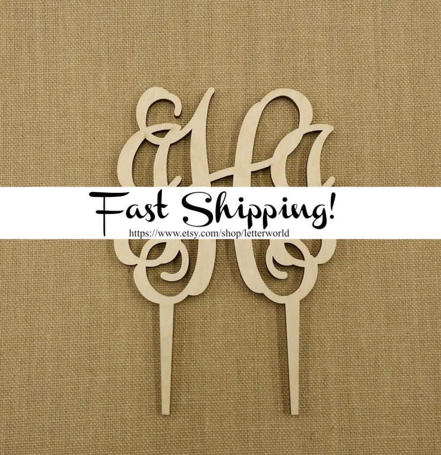 Wedding - Wooden Monogram Cake Topper - Unfinished Vine Script Monogram Cake Topper - Wedding Cake Decor - Initial Cake Topper