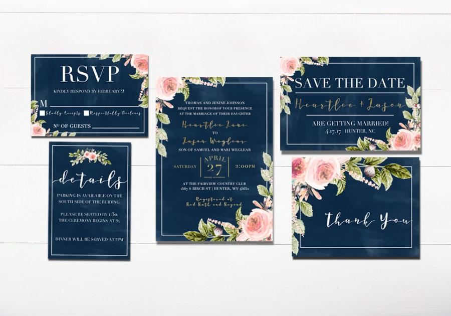 Hochzeit - Navy Floral Wedding Invitation - Printable Navy Invitation Suite - Printable Navy and Pink Wedding Invitation - Navy Watercolor Invitation