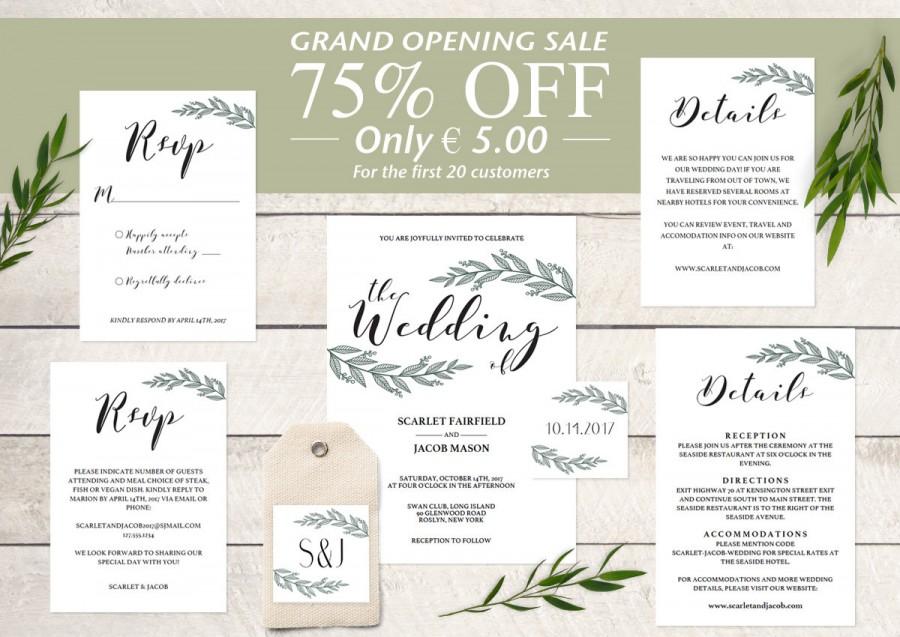 Свадьба - Rustic Wedding Invitation Template Wedding Invitation Suite Leaves Wreath Floral Wedding Invitation Set Elegant Wedding Invitations Wedding