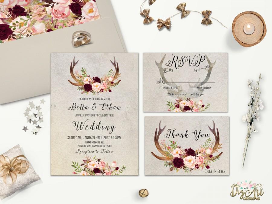 Свадьба - Rustic Wedding Invitation Printable Floral Antler Wedding Invitation Suite Deer Antler Wedding Invite Boho Woodland Wedding Set DIY/ Printed