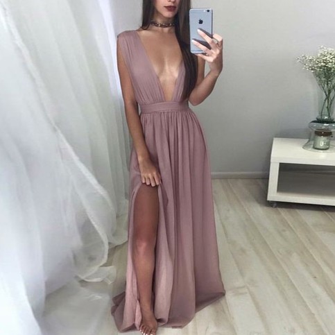 Mariage - Sexy Blush Prom Dress - Deep V Neck Floor Length Sleeveless with Split from Dressywomen