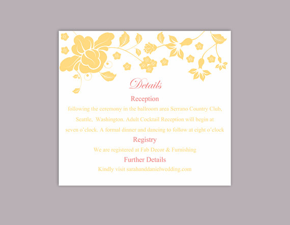 Hochzeit - DIY Wedding Details Card Template Editable Word File Download Printable Details Card Yellow Gold Details Card Elegant Information Cards