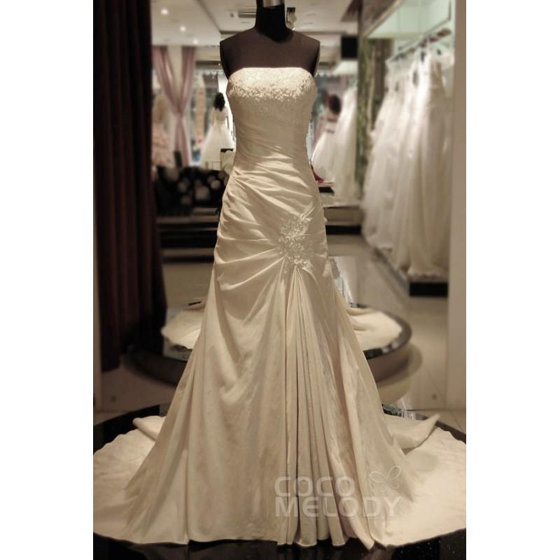 Hochzeit - Exquisite Sheath-Column Strapless Natural Chapel Train Taffeta Ivory Sleeveless Zipper Wedding Dress with Beading - Top Designer Wedding Online-Shop