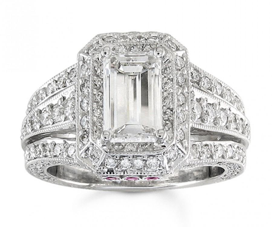 Hochzeit - Ladies Platinum antique engagement ring with 2ct Lannyte Emerald cut and 1.25 ctw G-VS2 diamonds