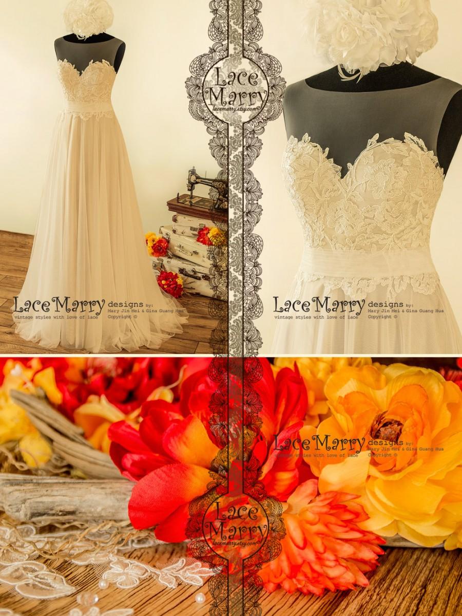 Hochzeit - A Line Beach Wedding Dress with Sheer Neckline with Grey Gold Underlay 