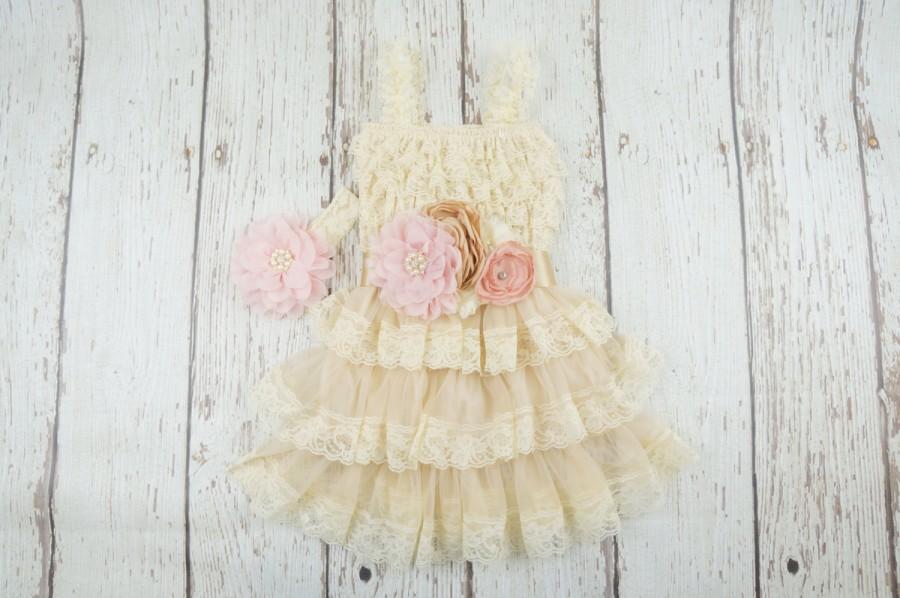 Mariage - ivory flower girl dress, champagne flower girl dress, blush flower girl dress, baby lace dress, girl lace dress, boho chic flower girl