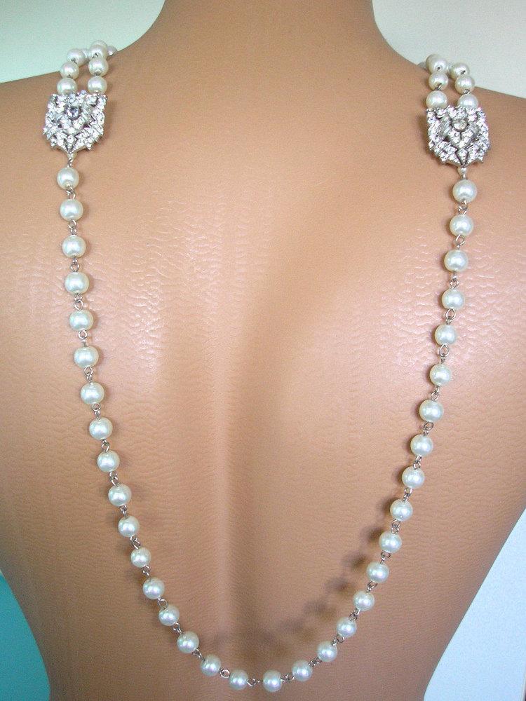 Hochzeit - Backdrop Necklace, Pearl Backdrop, Art Deco, Great Gatsby, Upcycled Jewelry, Back Necklace, Pearl Necklace, Bridal Jewelry, Backlace
