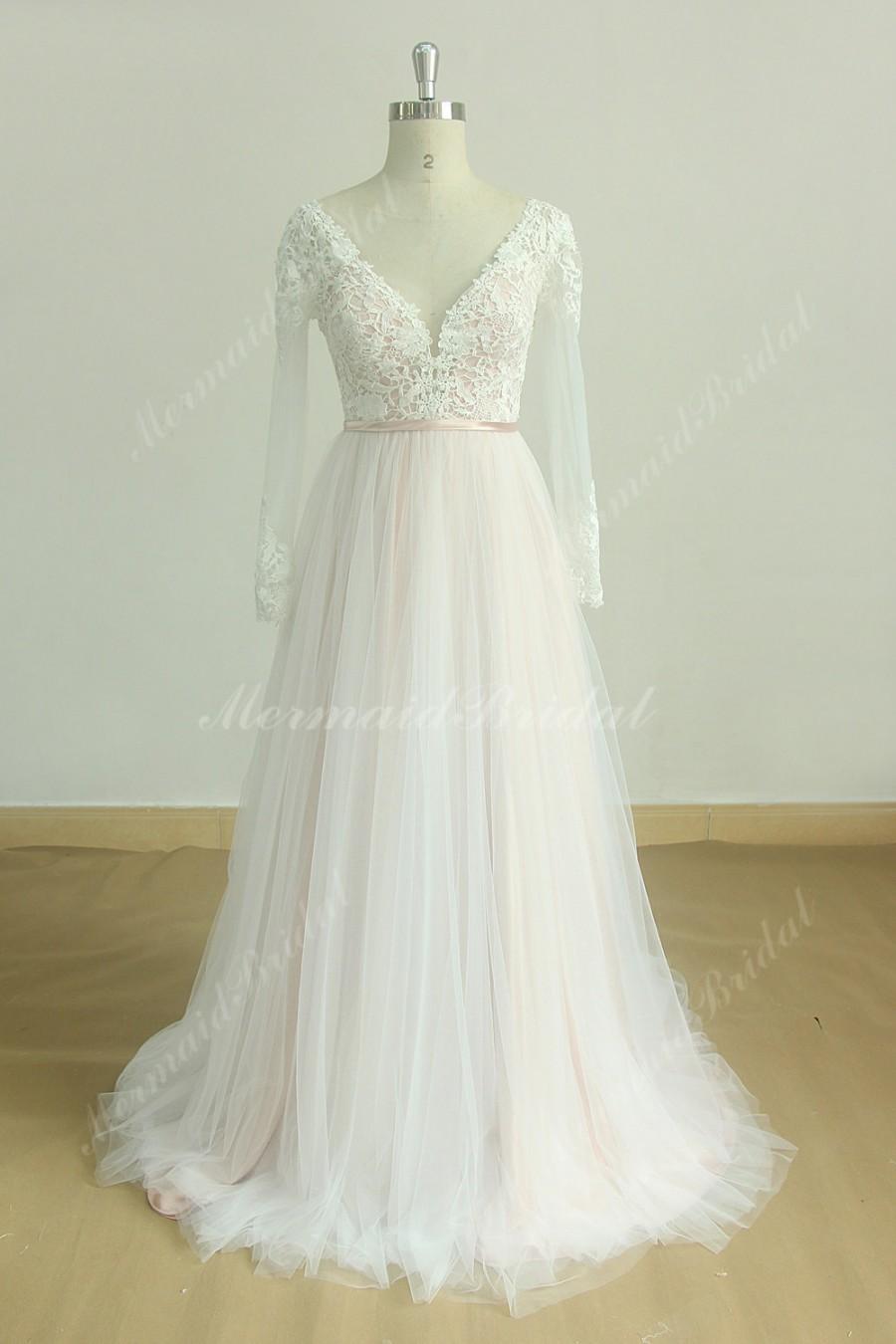 زفاف - Deep V Neckline A Line Tulle Lace Wedding Dress with Blush Lining and Long Sleeves