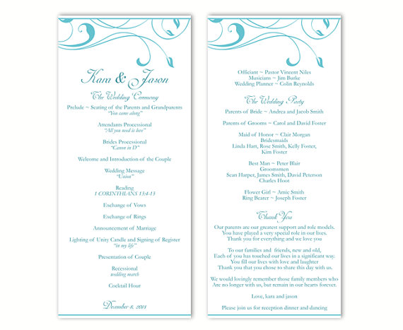Свадьба - Wedding Program Template DIY Editable Word File Instant Download Program Aqua Blue Program Leaf Program Printable Wedding Program 4x9.25inch