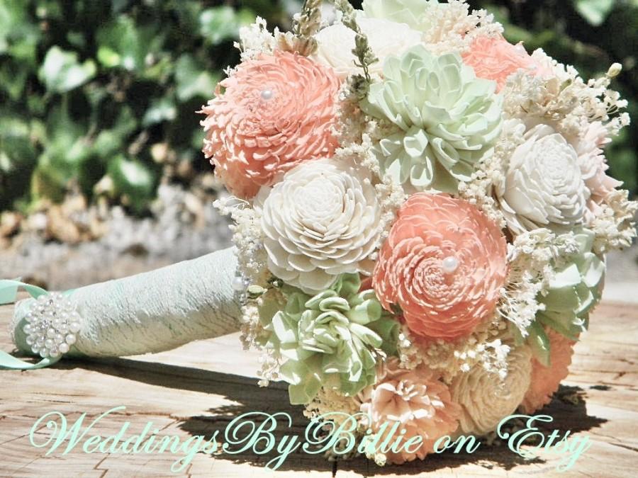 زفاف - Weddings, Peridot Mint Peach Coral Bouquet, Burlap Lace, Sola Bouquet, Alternative Bouquet,Rustic Shabby ,Bridal Accessories, Keepsake, Mint