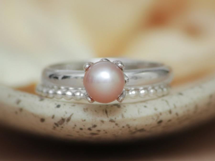 Wedding - Elegant Blush Pink Cultured Pearl Wedding Set in Sterling - Silver Bubble Band with Rose Pearl Engagement Ring - Seaside Wedding Set