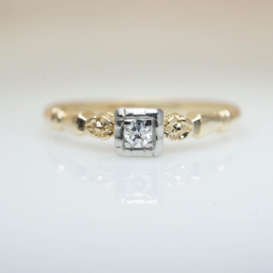 Hochzeit - Petite Engagement Ring Simple Diamond Ring Vintage Engagement Ring Retro Ring Retro Engagement Wedding Ring Jewelry in 14k Yellow Gold