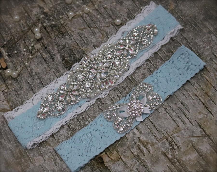 Hochzeit - double lace bridal garter set/blue garter/keepsake garter/Rhinestone garter/Lace garter/something blue/bridal garter/blue garter/aqua garter