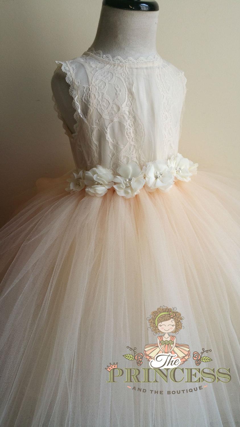 Mariage - champagne flower girl dress, champagne tutu dress, champagne dress, champagne child dress, flower girl dress tulle, baby dress, vintage