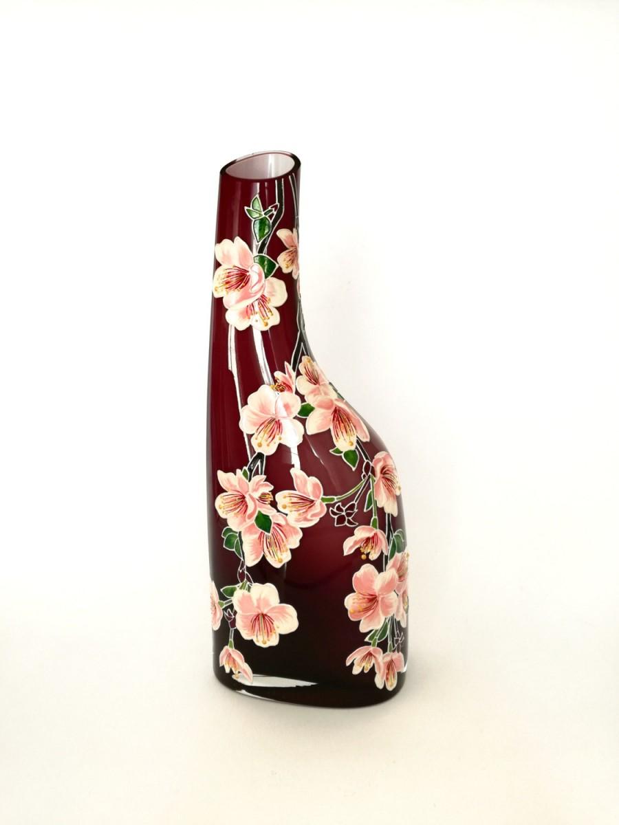 Wedding - Idea Gift for Women Hand Painted Vase Glass Home Decor Room Decoration Birthday Gift for Mom Gradient Maroon Cherry Blossom Office Decor
