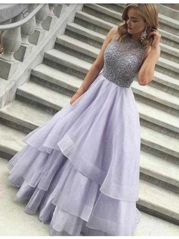 زفاف - Elegant A-line Jewel Floor-length Lilac Prom Dress With Beading on Luulla