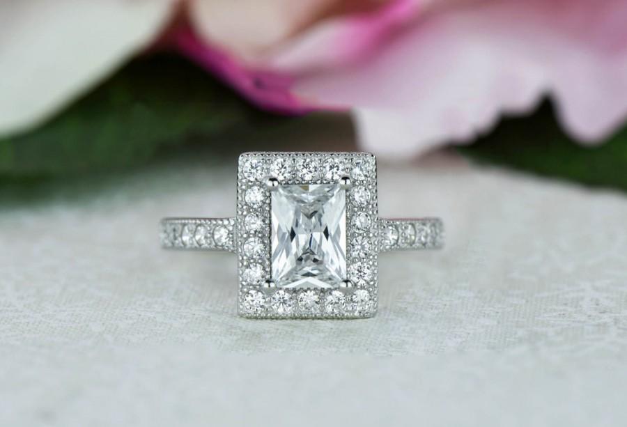 زفاف - 60% off 1.5 ctw Radiant Ring, Halo Engagement Ring, Man Made Diamond Simulants, Wedding Ring, Promise Ring, Bridal Ring, Sterling Silver
