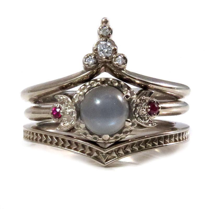 Hochzeit - Lunar Temple Grey Moonstone, Ruby and Diamond Moon Engagement Ring Set - 14k Palladium White Gold