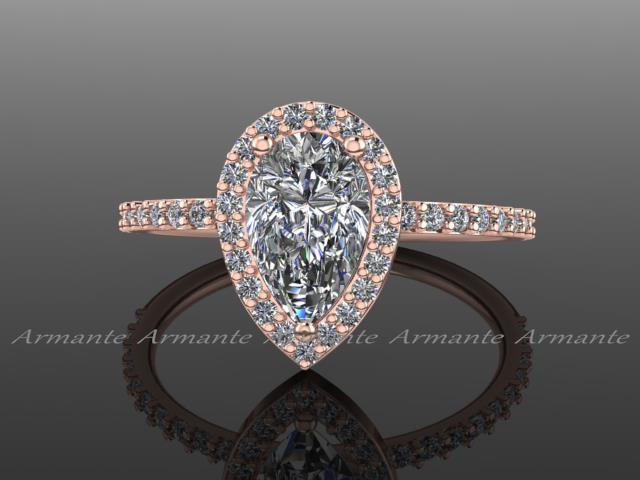 Hochzeit - Pear Moissanite Engagement Ring, 14k Rose Gold Diamond Wedding Ring Re00170r