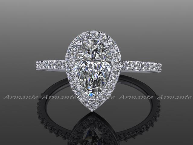 Hochzeit - Pear Moissanite Engagement Ring, 14k White Gold Diamond Wedding Ring Re00170w