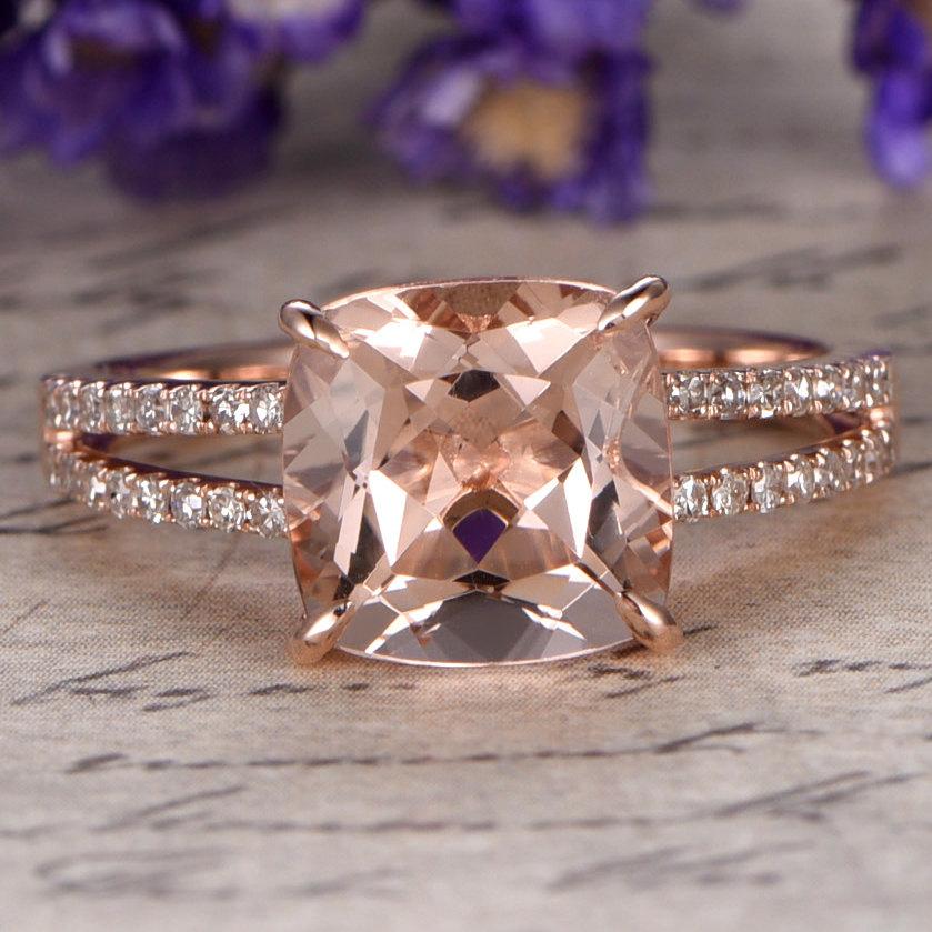 زفاف - Morganite engagement ring with diamond,Solid 14k Rose gold,promise ring,bridal,8x8mm Cushion custom made fine jewelry,Prong set