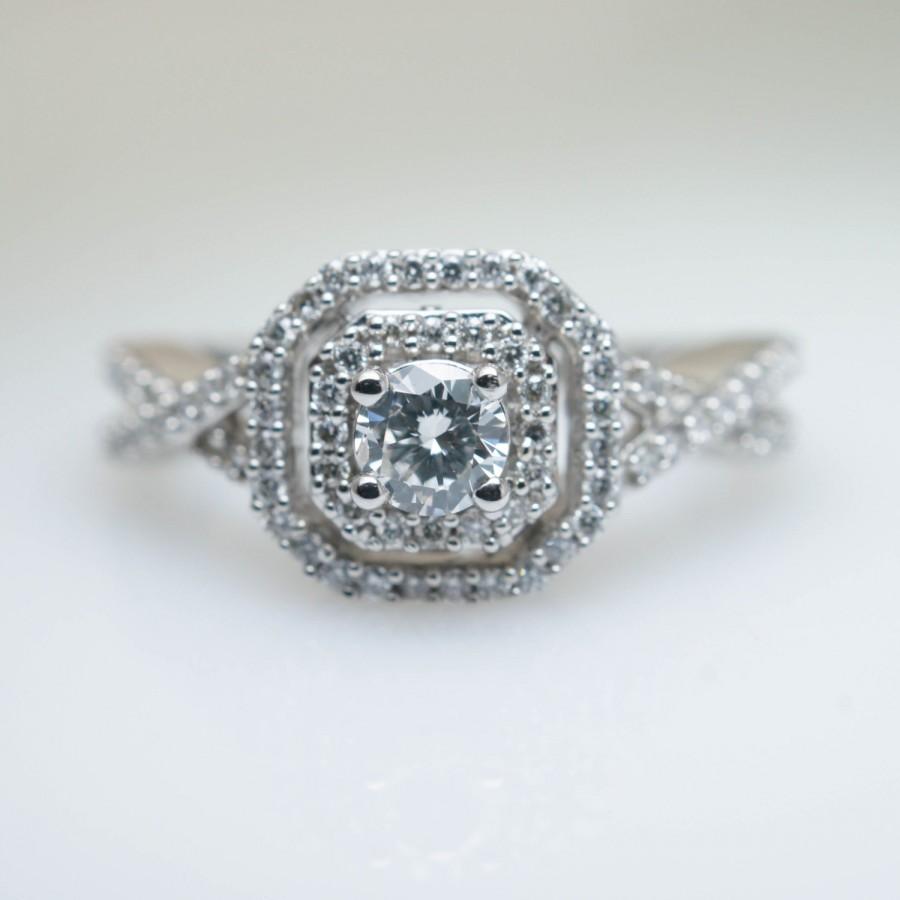 Hochzeit - Beautiful .50CTW Double Halo Diamond Engagement Ring 14k White Gold Petite Diamond Wedding Ring Halo Engagement Bridal Jewelry