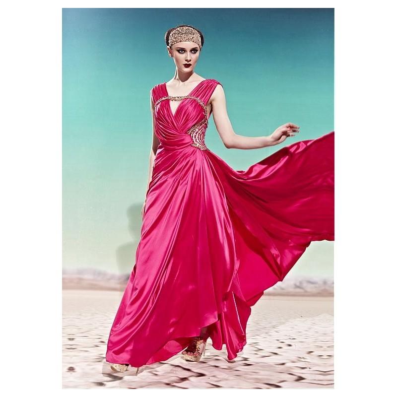 Wedding - In Stock Magnificent A-line Low V-neck Natural Waist Ruched Beaded Floor Length Evening Dress - overpinks.com