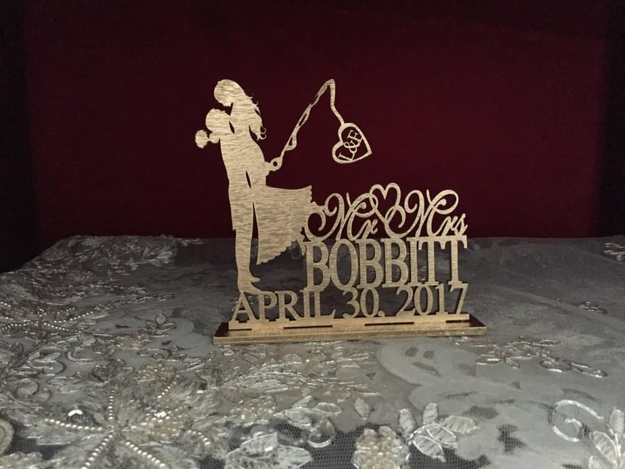 Wedding - Wedding Couple Fishing Pole Heart - Gold Cake Topper - Silver Cake Topper - Rustic Cake Topper - Custom Personalized Wedding Cake Topper