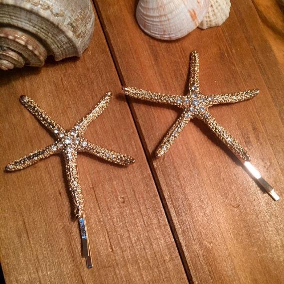 Hochzeit - Gold Starfish hair clip ocean wedding beach bride sea life updo hairstyle accessories starfish clips/pins