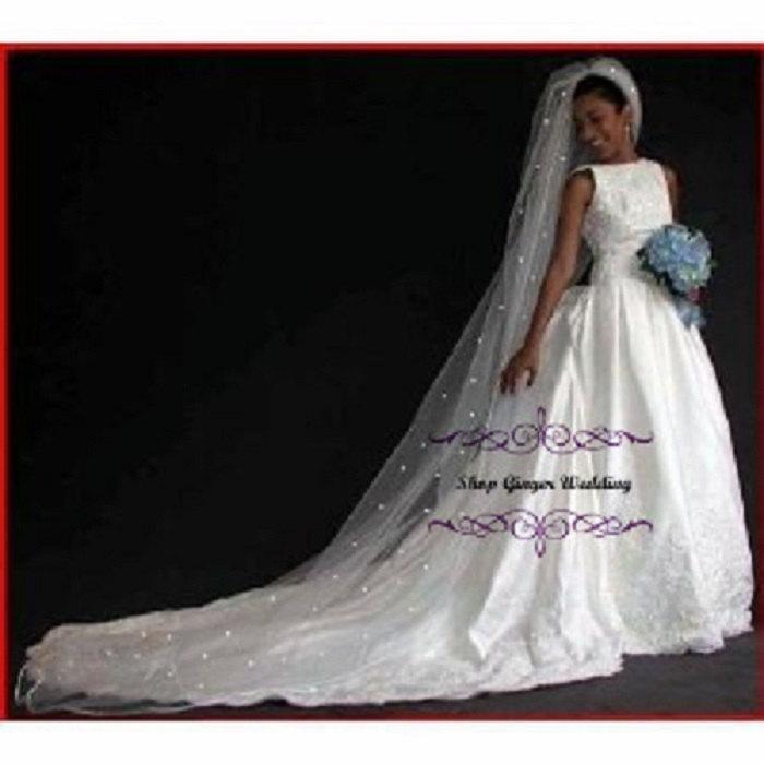 Wedding - Crystal Rhinestones 1 Tier Cathedral Royal Tailor Custom Handmade Wedding Bridal Satin Edge Veil
