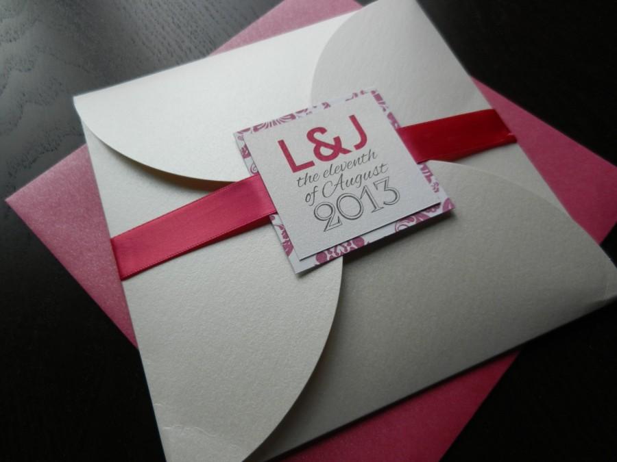Wedding - Custom Damask Petalfold Wedding Invite 6X6-wedding stationary w/ RSVP card & seal-handwritten-Demask print