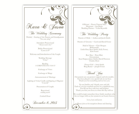 Wedding - Wedding Program Template DIY Editable Word File Instant Download Program Gray Program Floral Program Printable Wedding Program 4x9.25inch
