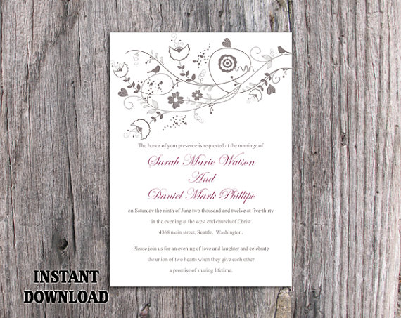 Mariage - DIY Wedding Invitation Template Editable Word File Instant Download Printable Gray Invitation Floral Wedding Invitation Bird Invitation